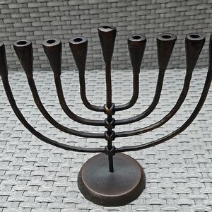 Vintage Crate&Barrel Hanukkah Jewish Menorah Antique Bronze Wrought Iron Holder